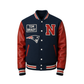 Navy and red letterman jacket with 'Tom Brady' and 'N' logos on a beige background