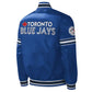 Back of Toronto Blue Jays satin varsity jacket featuring large team logo and striped ribbed hem