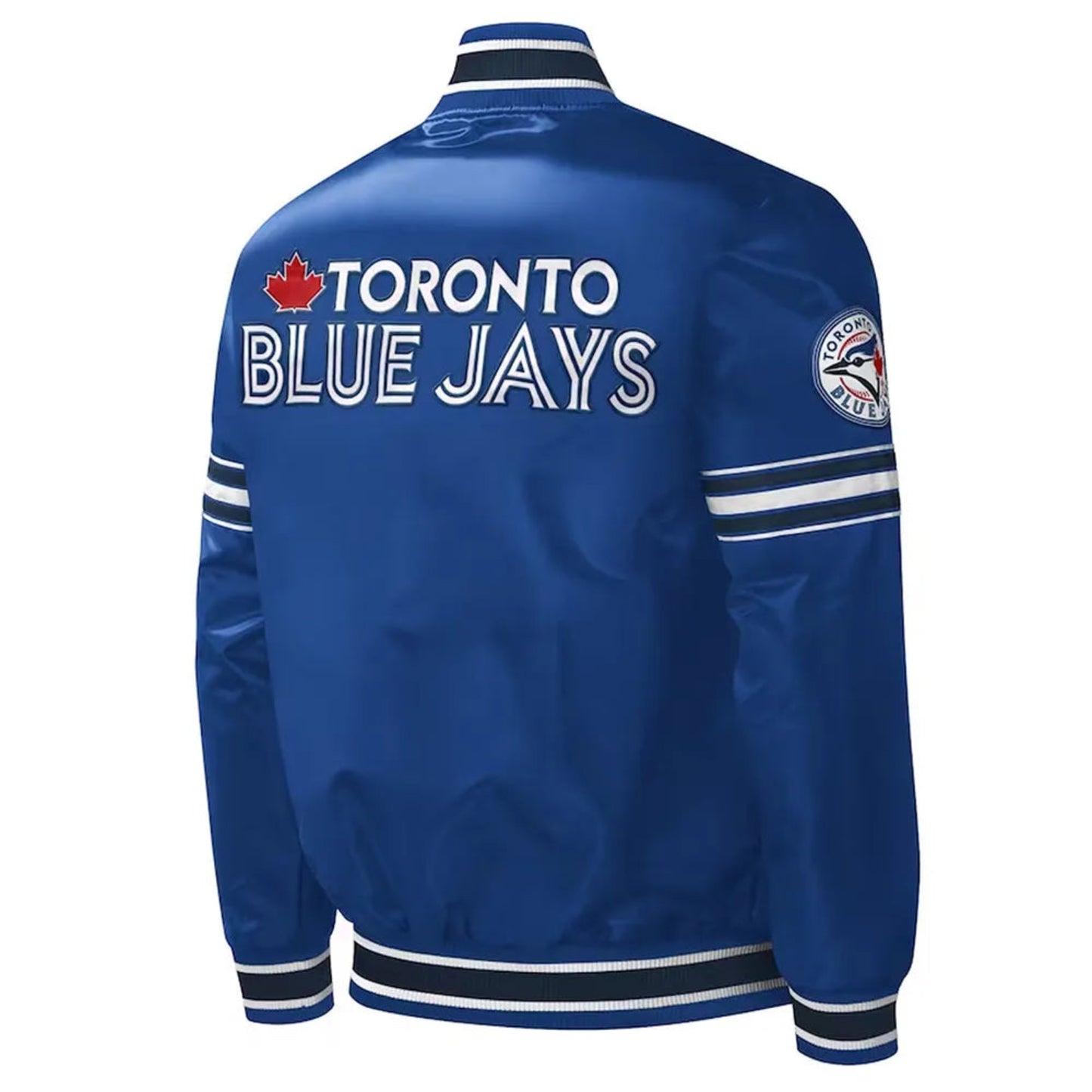 Back of Toronto Blue Jays satin varsity jacket featuring large team logo and striped ribbed hem