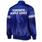 Back of NHL Toronto Maple Leafs satin varsity jacket in red colour featuring large team logo and striped ribbed hem