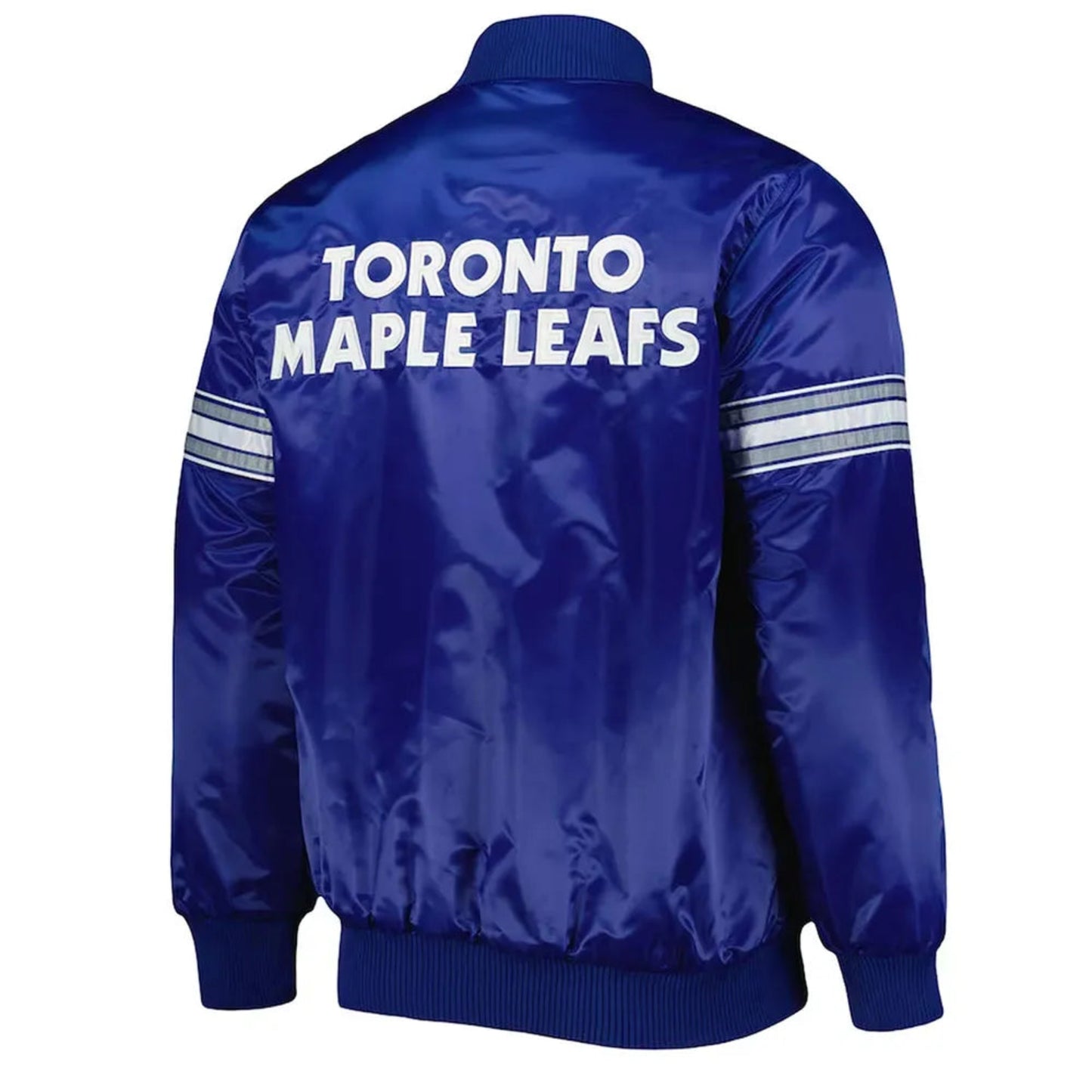 Back of NHL Toronto Maple Leafs satin varsity jacket in red colour featuring large team logo and striped ribbed hem