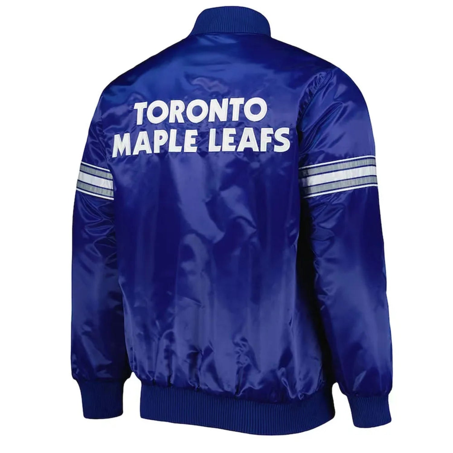 Back of NHL Toronto Maple Leafs satin varsity jacket in red colour featuring large team logo and striped ribbed hem