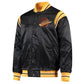 Front view of Vancouver Canucks NHL satin varsity jacket with embroidered team logo and snap-button closure