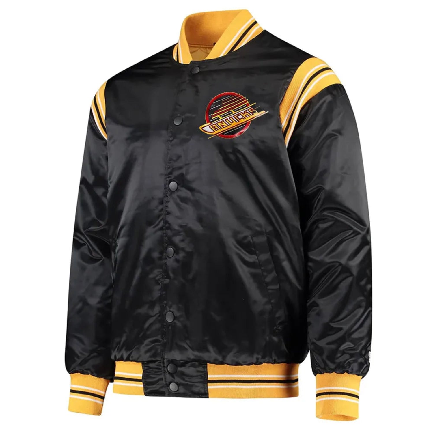 Front view of Vancouver Canucks NHL satin varsity jacket with embroidered team logo and snap-button closure