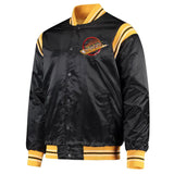 Front view of Vancouver Canucks NHL satin varsity jacket with embroidered team logo and snap-button closure