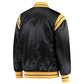 Back of NHL Vancouver Canucks satin varsity jacket in black colour featuring large team logo and striped ribbed hem