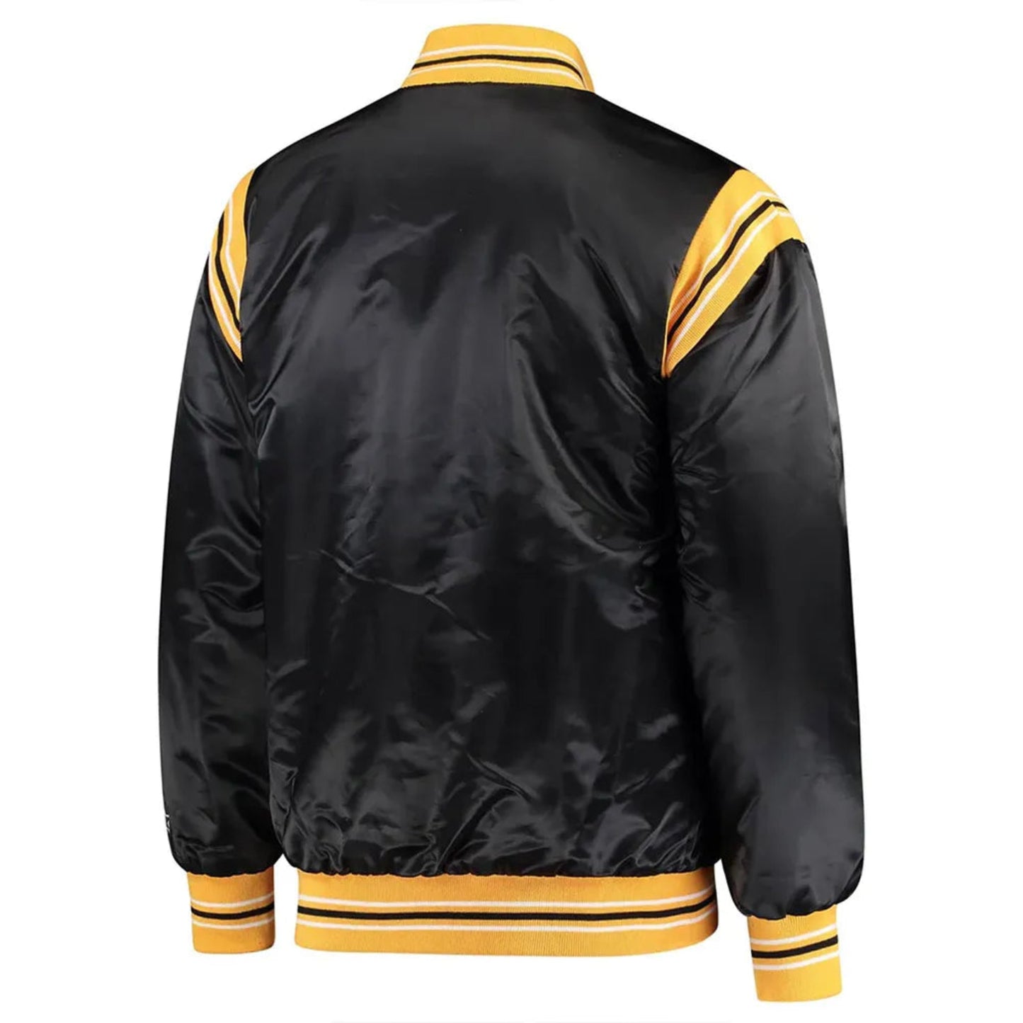 Back of NHL Vancouver Canucks satin varsity jacket in black colour featuring large team logo and striped ribbed hem