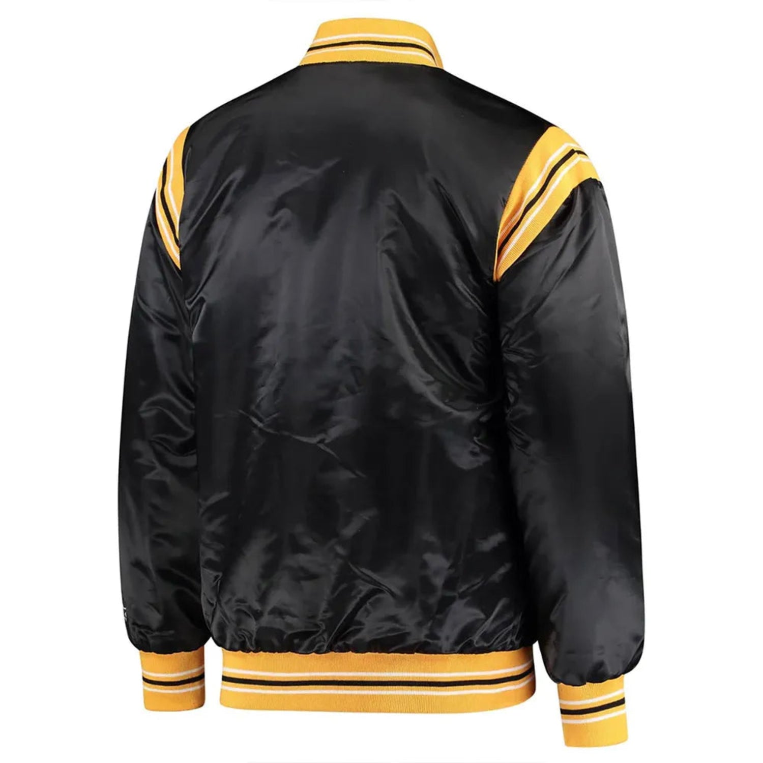 Back of NHL Vancouver Canucks satin varsity jacket in black colour featuring large team logo and striped ribbed hem
