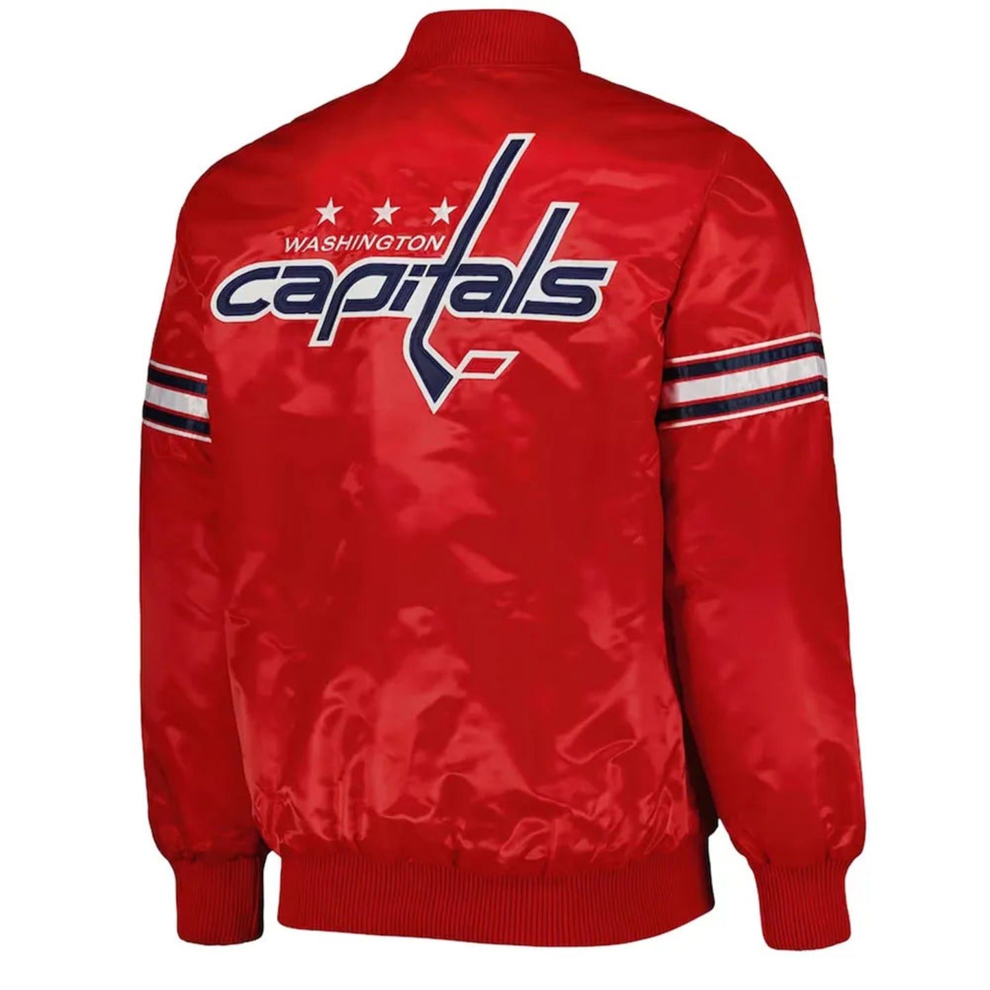 Back of NHL Washington Capitals satin varsity jacket in red colour featuring large team logo and striped ribbed hem