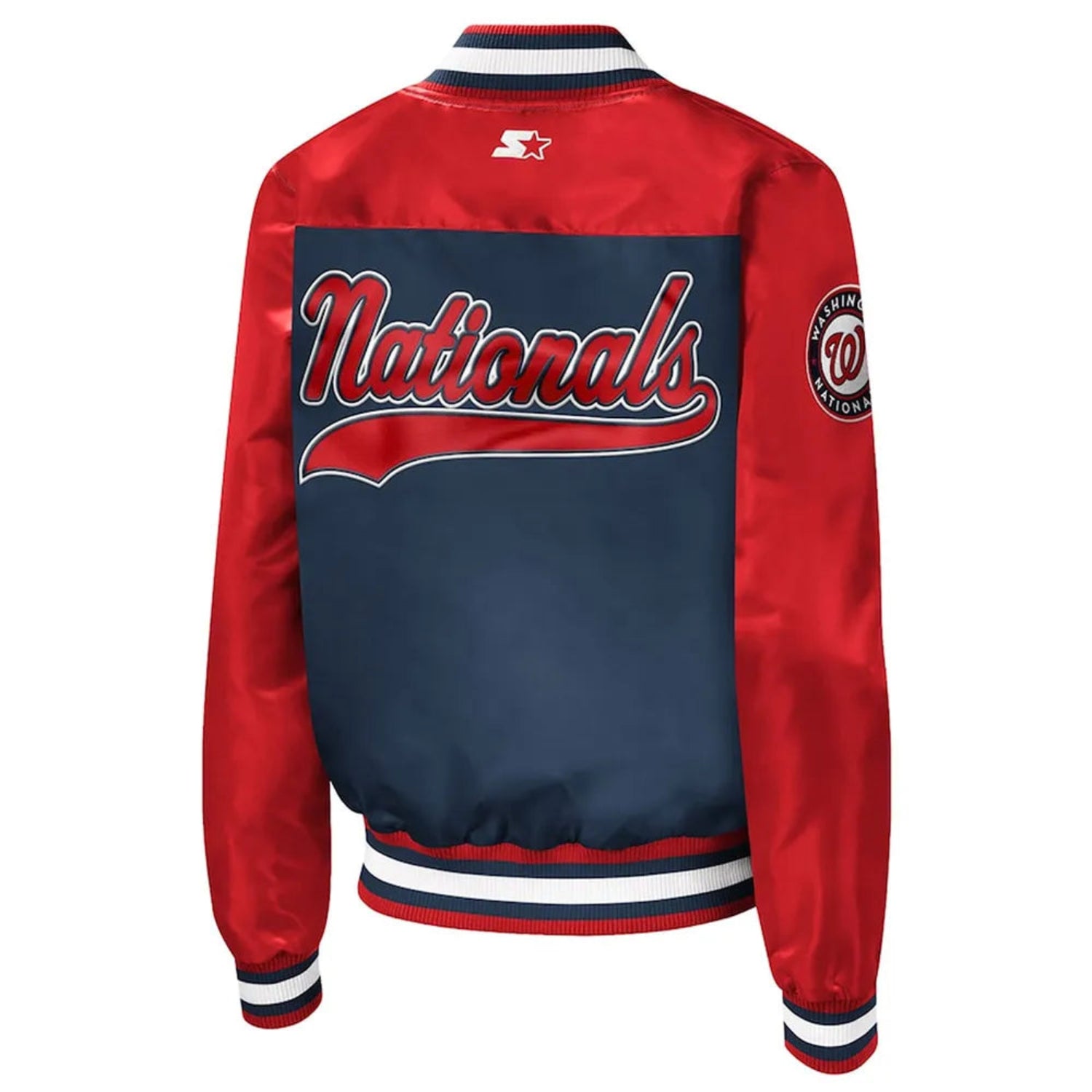 Back of Washington Nationals satin varsity jacket featuring large team logo and striped ribbed hem