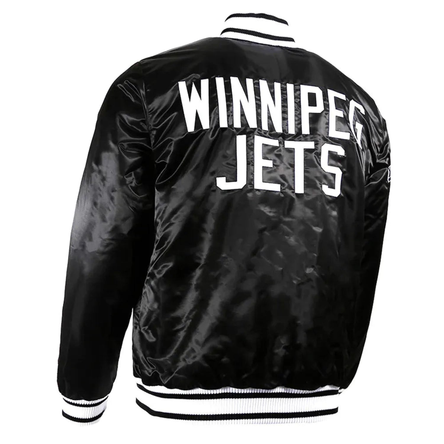 Back of NHL Winnipeg Jets satin varsity jacket in black colour featuring large team logo and striped ribbed hem