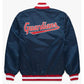 Back of Cleveland Guardians satin varsity jacket featuring large team logo and striped ribbed hem