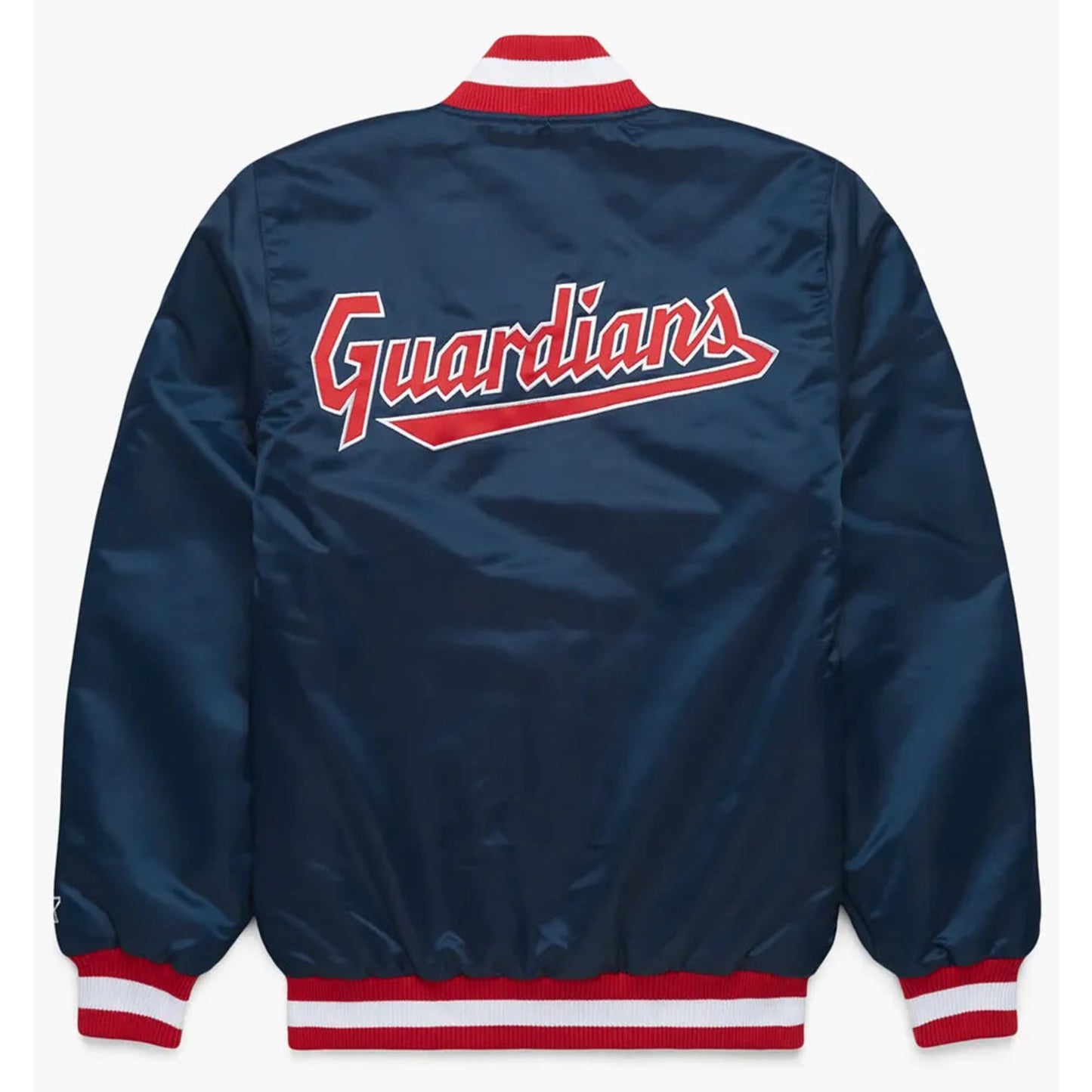 Back of Cleveland Guardians satin varsity jacket featuring large team logo and striped ribbed hem